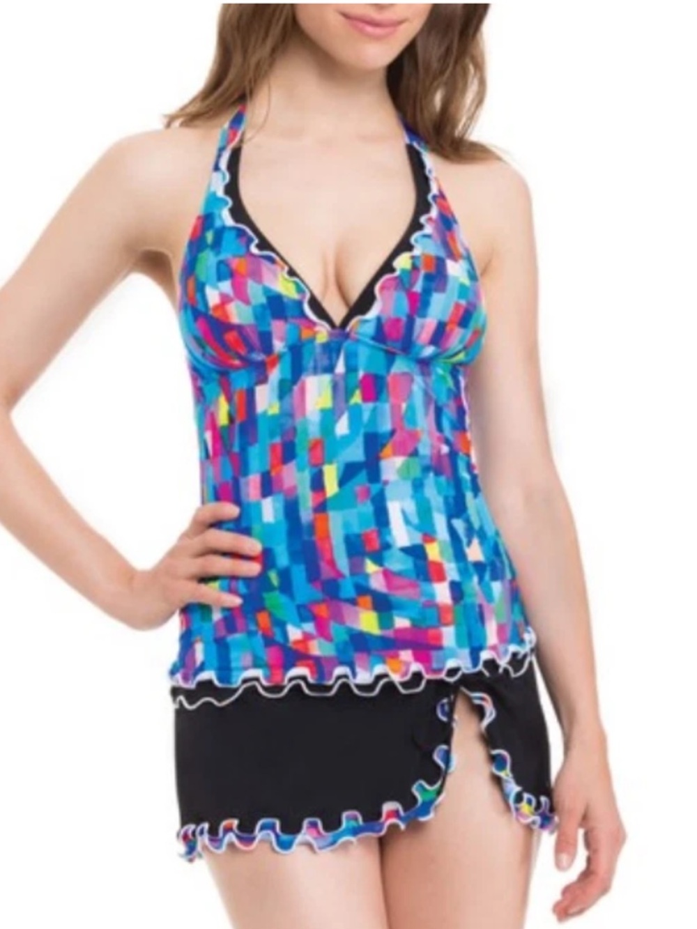 Profile By Gottex Multicolor Mosaic Halter Tankini with Black Ruffled Trim 10